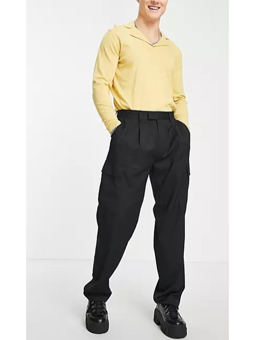 TOPMAN Men's Wide Leg Cargo Pants 34x32 Black Wool Blend High Rise Pockets NWT